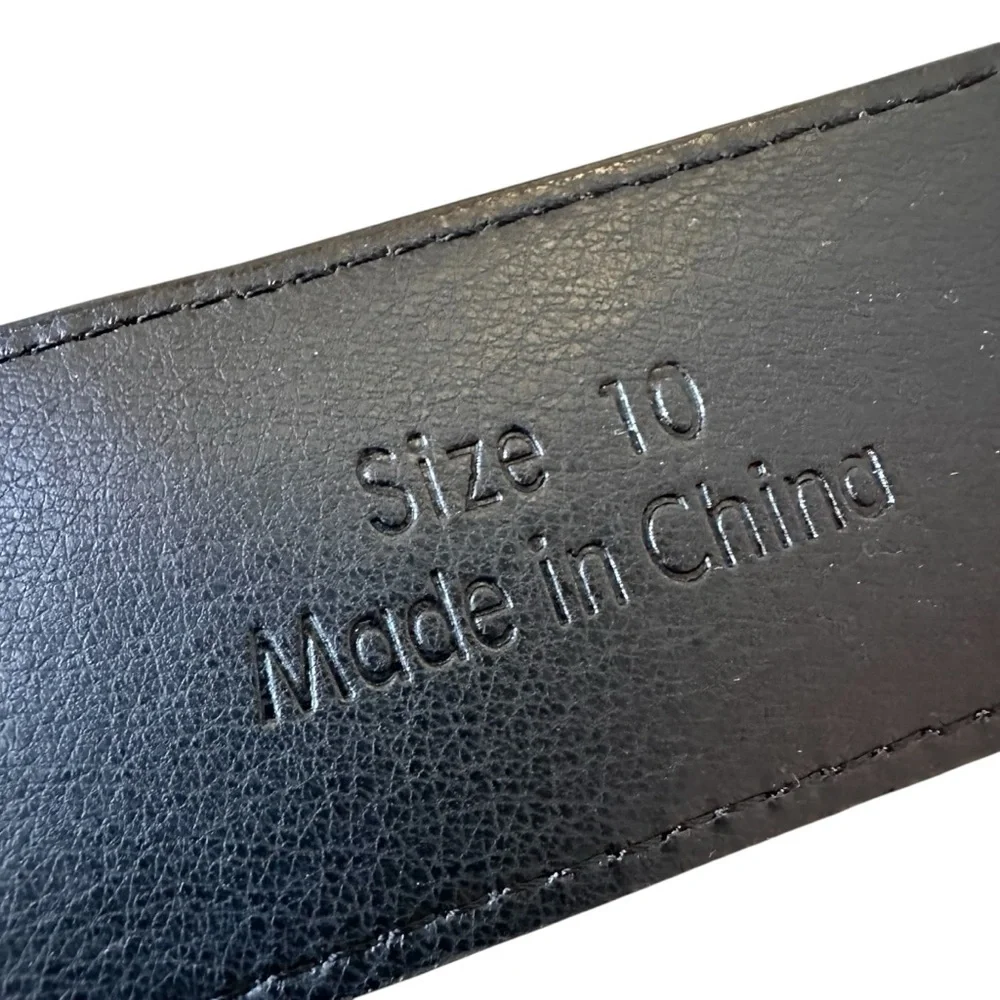 Sophisticated Black Textured Wide Leather Belt with Large Gold Buckle, Size 10